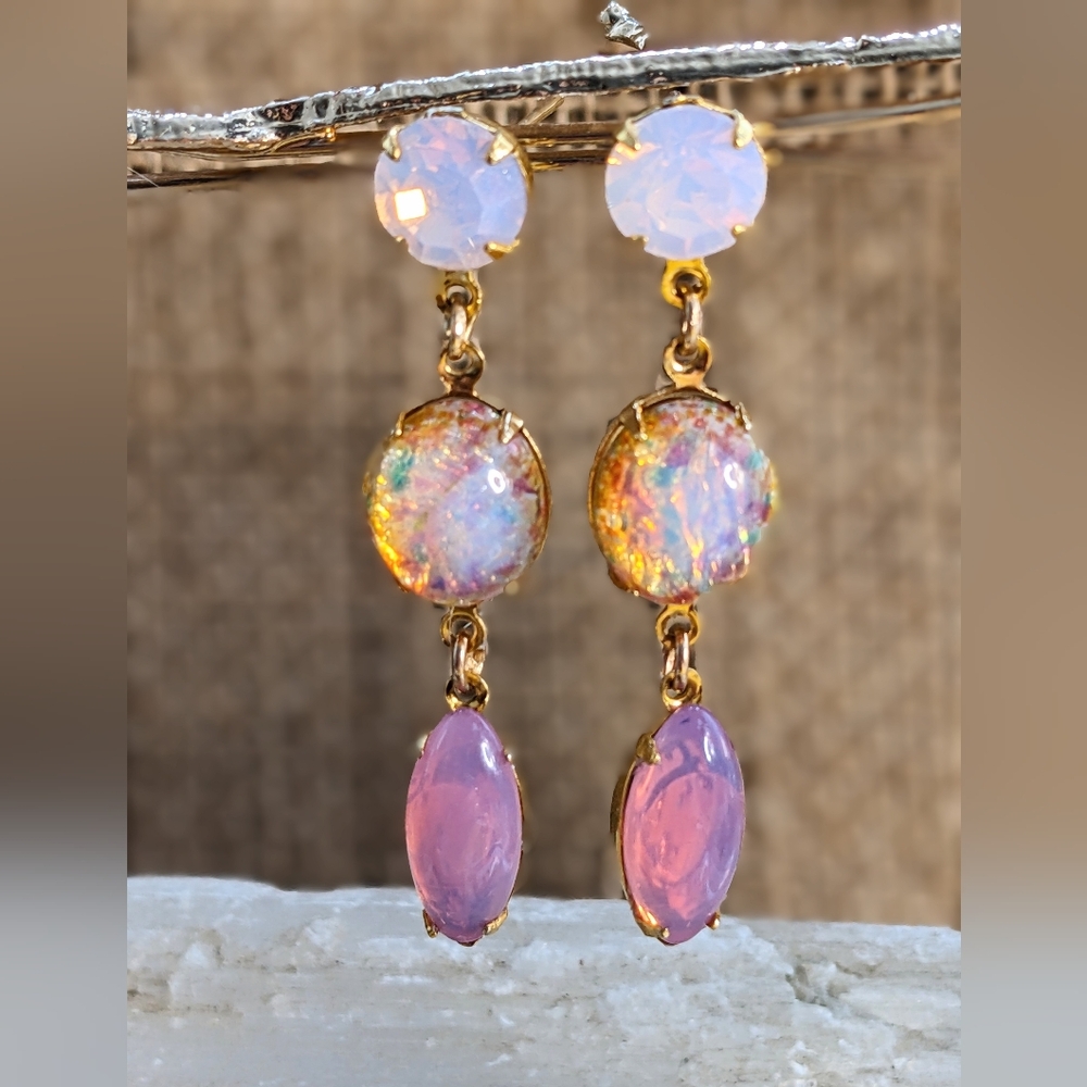 Pink Fire and Swarovski Rose Opal Crystals in Long Drop Dangle Earrings